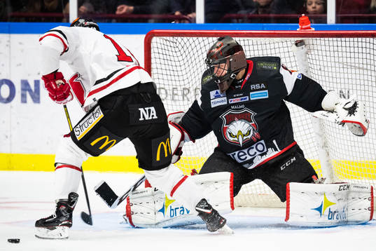Malmö Redhawks målvakt Oscar Alsenfelt räddar ett läge
