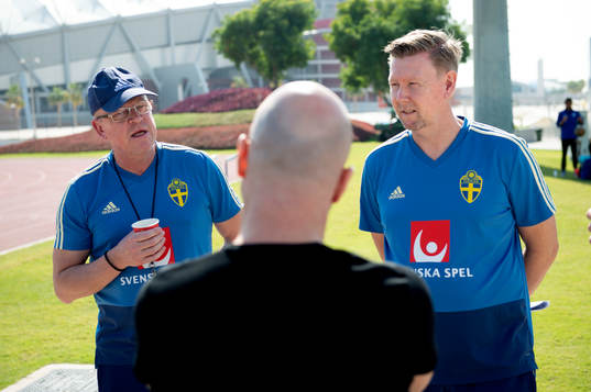 Sweden's head coach Janne Andersson and assistant coach