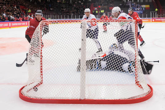 Joel Mustonen of Frölunda scores 1-0 behind goalkeeper