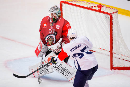 Goalkeeper Johan Gustafsson of Frölunda saves a shot