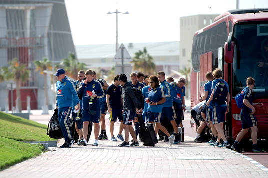 Sweden players arrive to the training ground