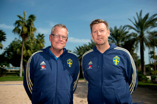 Sweden's head coach Janne Andersson and assistant coach