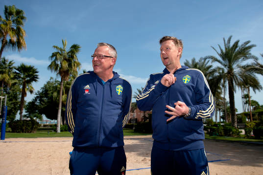 Sweden's head coach Janne Andersson and assistant coach