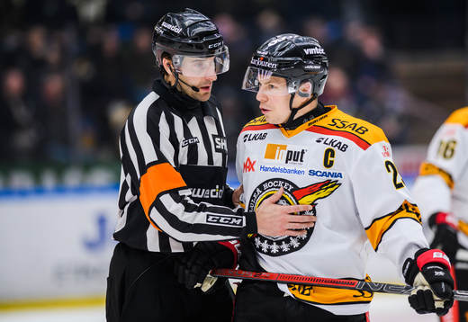 Domare Mikael Sjöqvist i diskussion med Luleås Erik