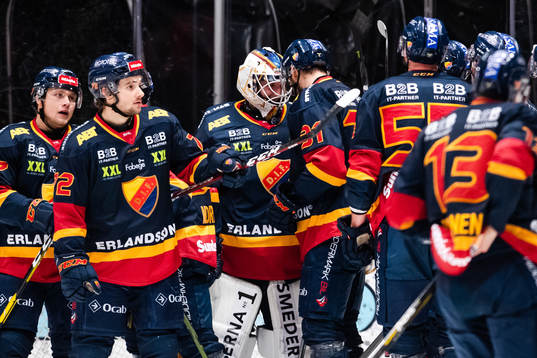 Djurgårdens spelare jublar med målvakt Adam Reideborn