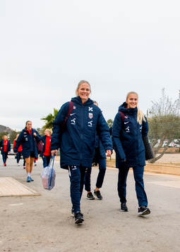 Goalkeeper Ingrid Hjelmseth and Emilie Nautnes of Norway