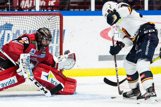 Malmö Redhawks målvakt Oscar Alsenfelt med fokus på