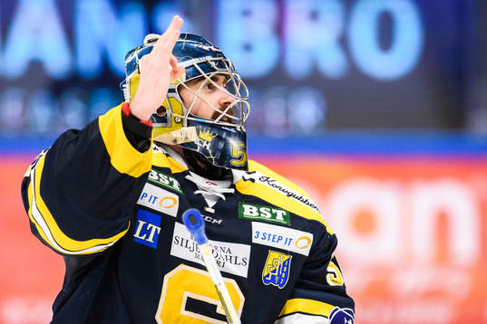 Södertäljes målvakt Alexander Sahlin jublar