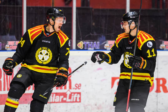 Brynäs Nicklas Danielsson och Joel Kellman jublar
