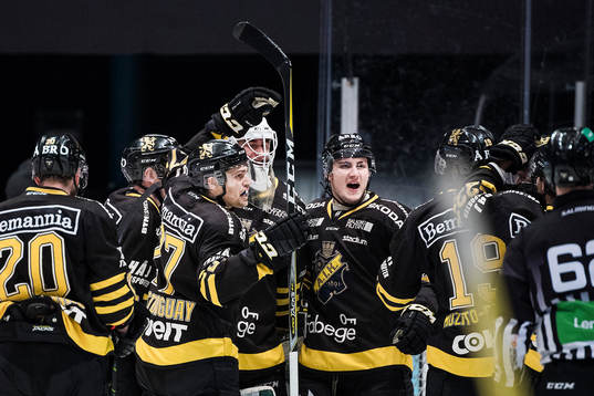 s spelare jublar med målvakt Robin Wallin
