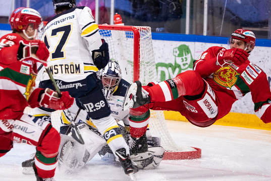 s målvakt Jonas Gunnarsson  och HV71:s Isac Brännström