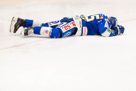 Christoffer Karlsen of Sparta Warriors with an injury