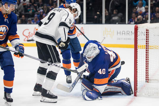 Adrian Kempe of Los Angeles Kings and goalkeeper Robin