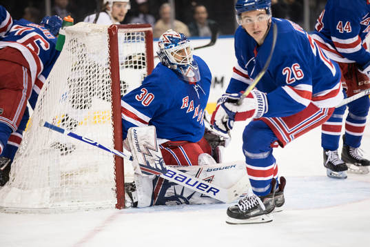 Goaltender Henrik Lundqvist, Jimmy Vesey and Neal Pionk