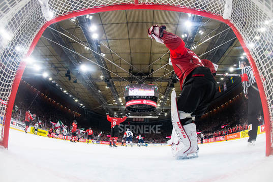Goalkeeper Johan Gustafsson of Frölunda celebrates at the