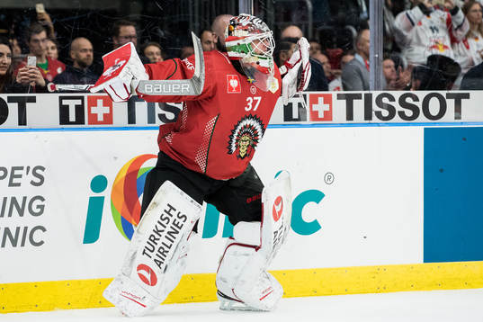 Goalkeeper Johan Gustafsson of Frölunda celebrates