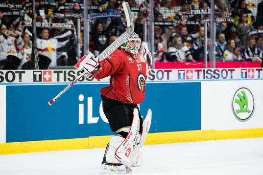 Goalkeeper Johan Gustafsson of Frölunda celebrates