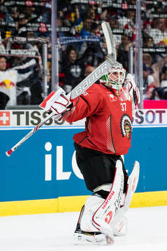 Goalkeeper Johan Gustafsson of Frölunda celebrates