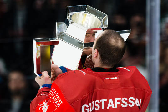 Goalkeeper Johan Gustafsson of Frölunda celebrates with