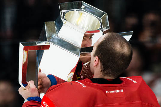Goalkeeper Johan Gustafsson of Frölunda celebrates with