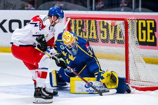 Goaltender Magnus Hellberg of Sweden saves a penalty