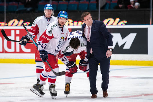 Tomas Filippi of Czech Republic receives help off the ice