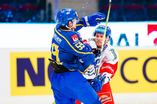 Linus Johansson in a fight with Tomas Kundratek of Czech