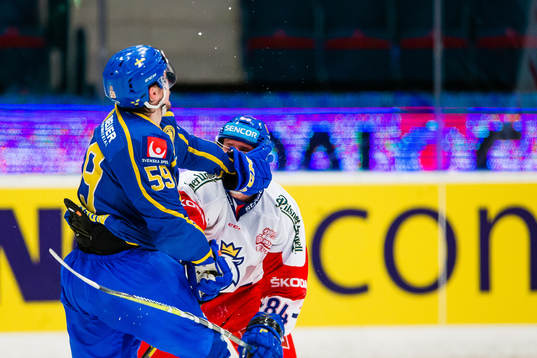 Linus Johansson in a fight with Tomas Kundratek of Czech