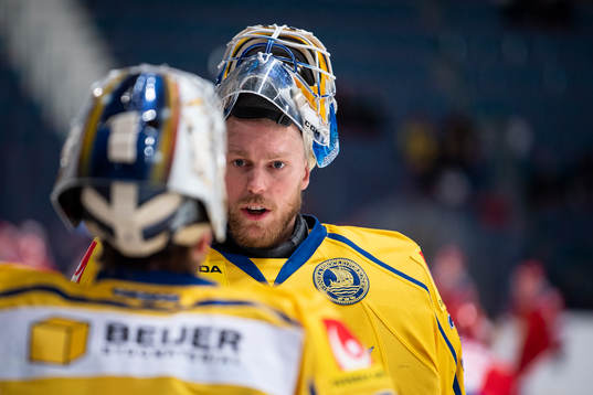 goaltender Magnus Hellberg of Sweden (r) talking to