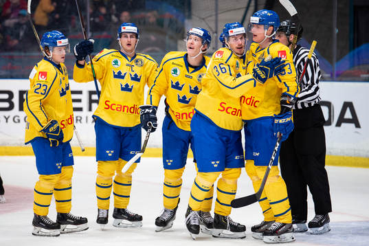 Emil Larsson of Sweden (s.fr.r) celebrates his 2-0 goal