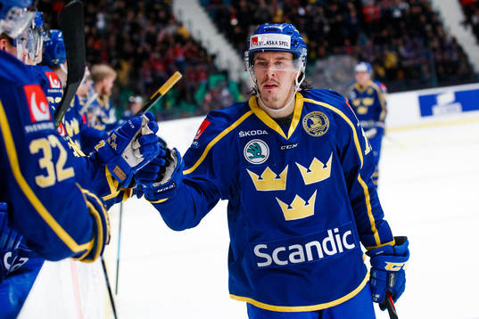 Joakim Nygård of Sweden celebrates the 3-4 goal