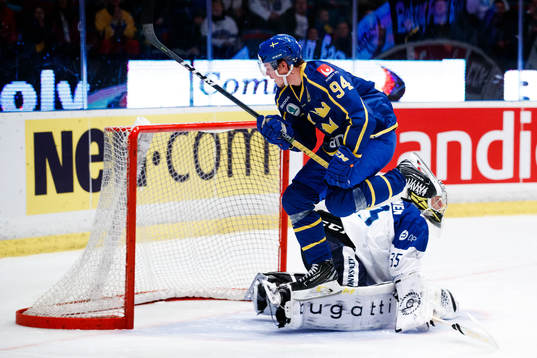 Joel Persson of Sweden and goaltender Veini Vehviläinen of
