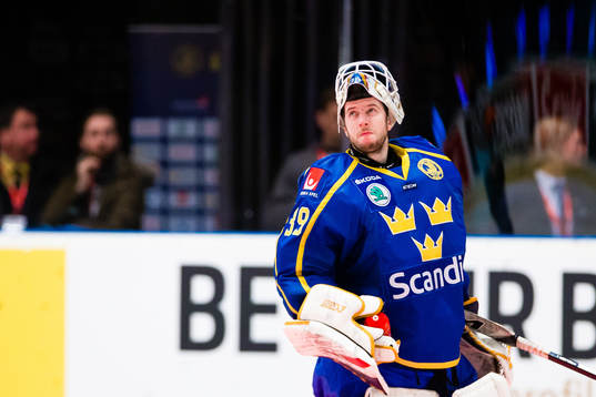 Goaltender Adam Reideborn of Sweden looks dejected