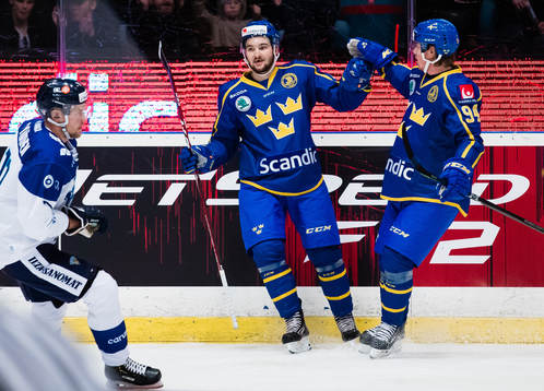 Emil Bemström celebrates with teammate Joel Persson
