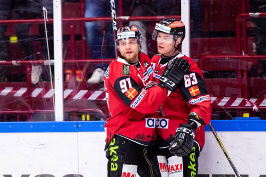 Malmö Redhawks Max Görtz och Fredrik Händemark jublar