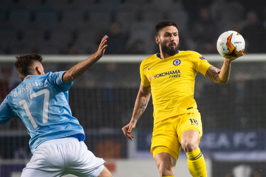 Rasmus Bengtsson of Malmö FF and Olivier Giroud of Chelsea