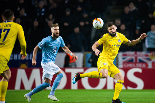 Rasmus Bengtsson of Malmö FF and Olivier Giroud of Chelsea