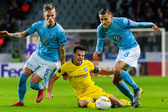 Sören Rieks and Arnor Traustason of Malmö FF and César