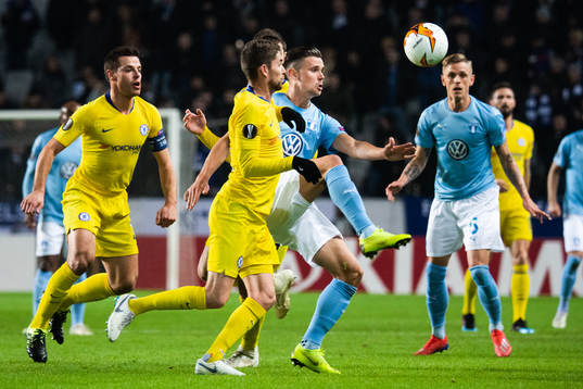 Jorginho of Chelsea and Marcus Antonsson compete for the