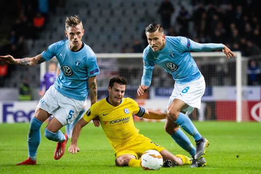 Sören Rieks and Arnor Traustason of Malmö FF compete for