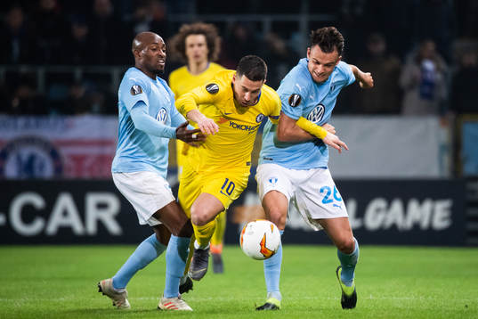 Arnor Traustason and Andreas Vindheim of Malmö FF compete