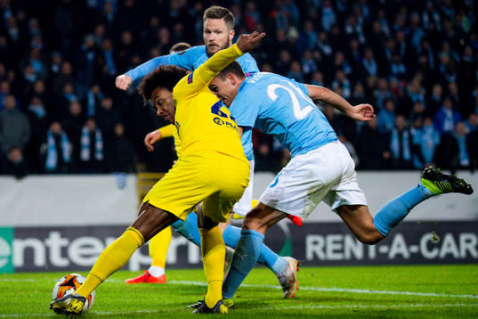 Willian and Lasse Nielsen and Andreas Vindheim of Malmö FF