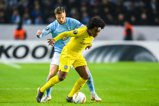 Lasse Nielsen of Malmö FF and Willian of Chelsea