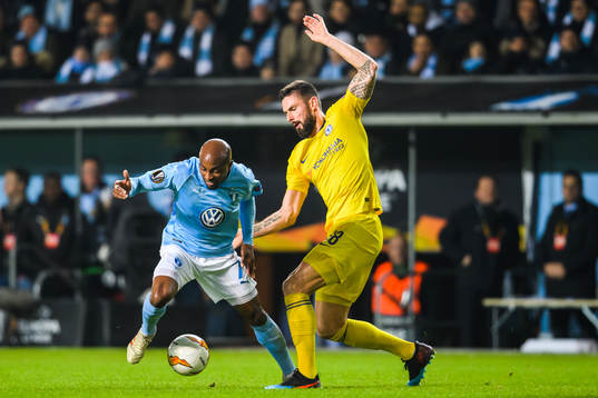 Fouad Bachirou of Malmö FF and Olivier Giroud of Chelsea