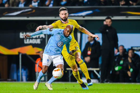 Fouad Bachirou of Malmö FF and Olivier Giroud of Chelsea