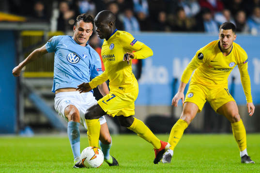 Andreas Vindheim of Malmö FF and N'Golo Kante of Chelsea