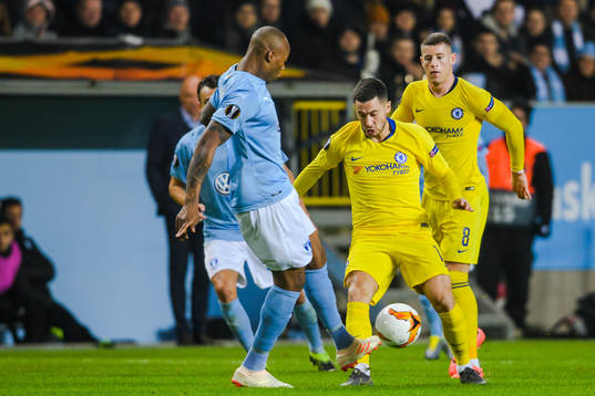 Carlos Strandberg of Malmö FF and Eden Hazard of Chelsea