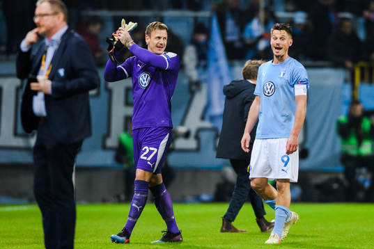 Goalkeeper Johan Dahlin and Markus Rosenberg of Malmö FF