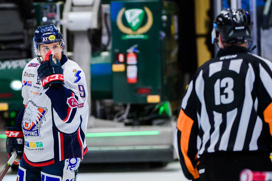 Linköpings Derek Roy i samtal med Domare Morgan Johansson