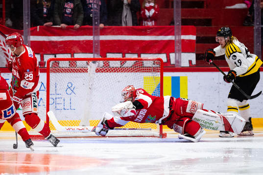 Timrås målvakt Niklas Svedberg kastar sig